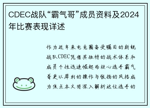 CDEC战队“霸气哥”成员资料及2024年比赛表现详述